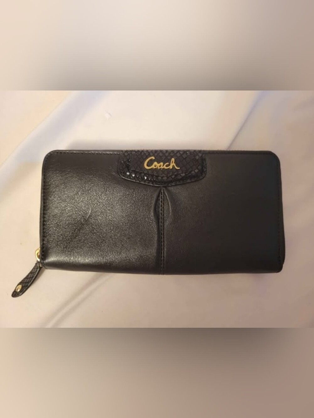 Coach Black Leather Zip Wallet with Gold Logo